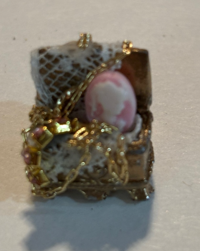 Dollhouse Miniature Tiny Decorated Jewelry Box with Pink Cameo and Gems