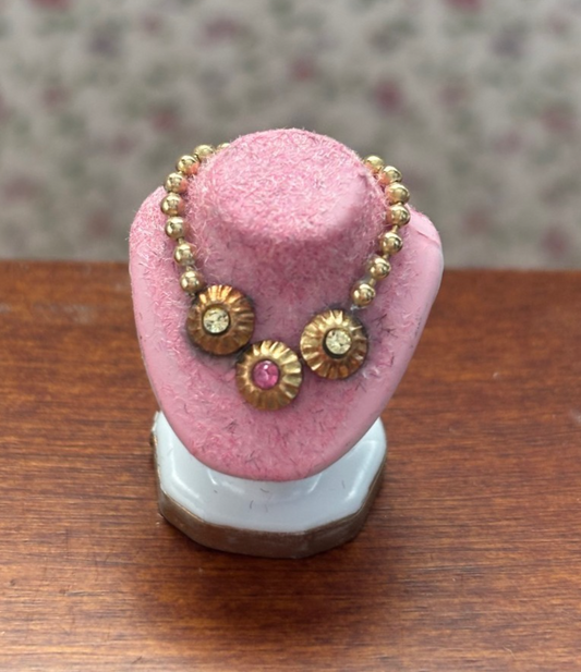 Dollhouse Miniature Jewelry Bust with Gold Necklace and Round Gems