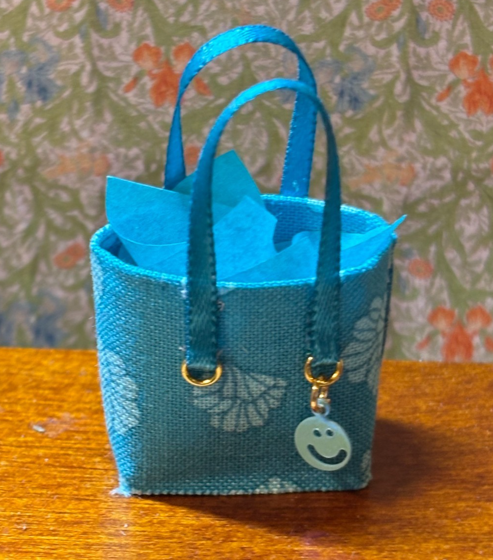 Dollhouse Miniature Teal Blooming Petals Tote Bag with Charm - Handcrafted