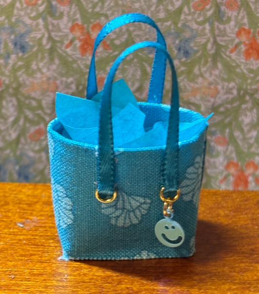 Dollhouse Miniature Teal Blooming Petals Tote Bag with Charm - Handcrafted