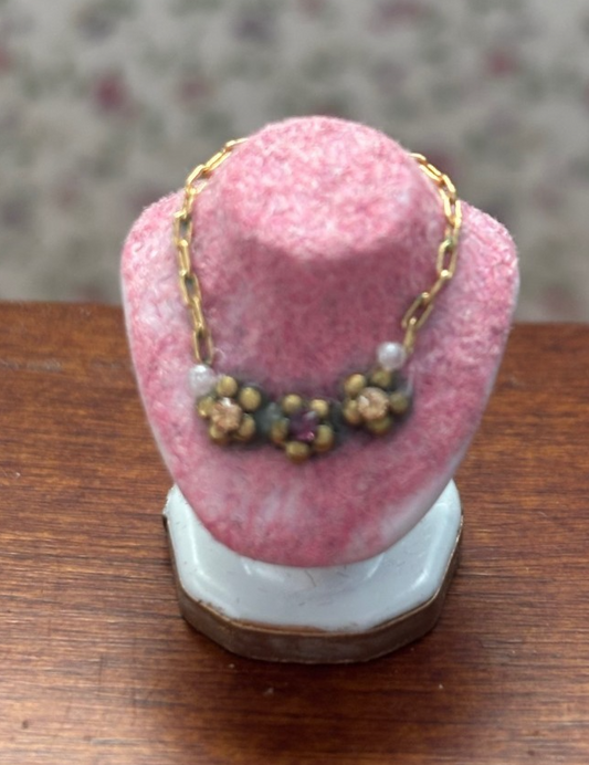 Dollhouse Miniature Jewelry Bust with Gold Necklace and Flower Gems