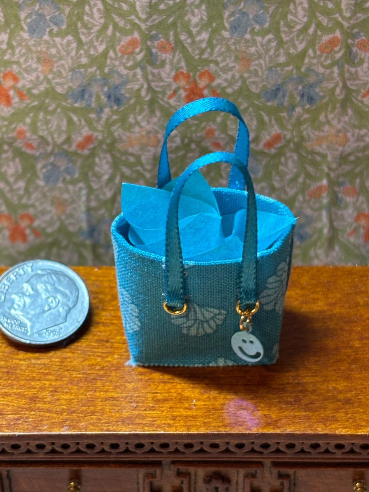 Dollhouse Miniature Teal Blooming Petals Tote Bag with Charm - Handcrafted