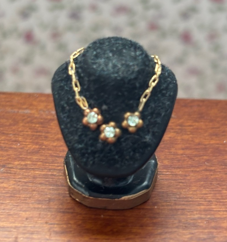 Dollhouse Miniature Jewelry Bust with Gold Necklace and Crystal Flower Gems