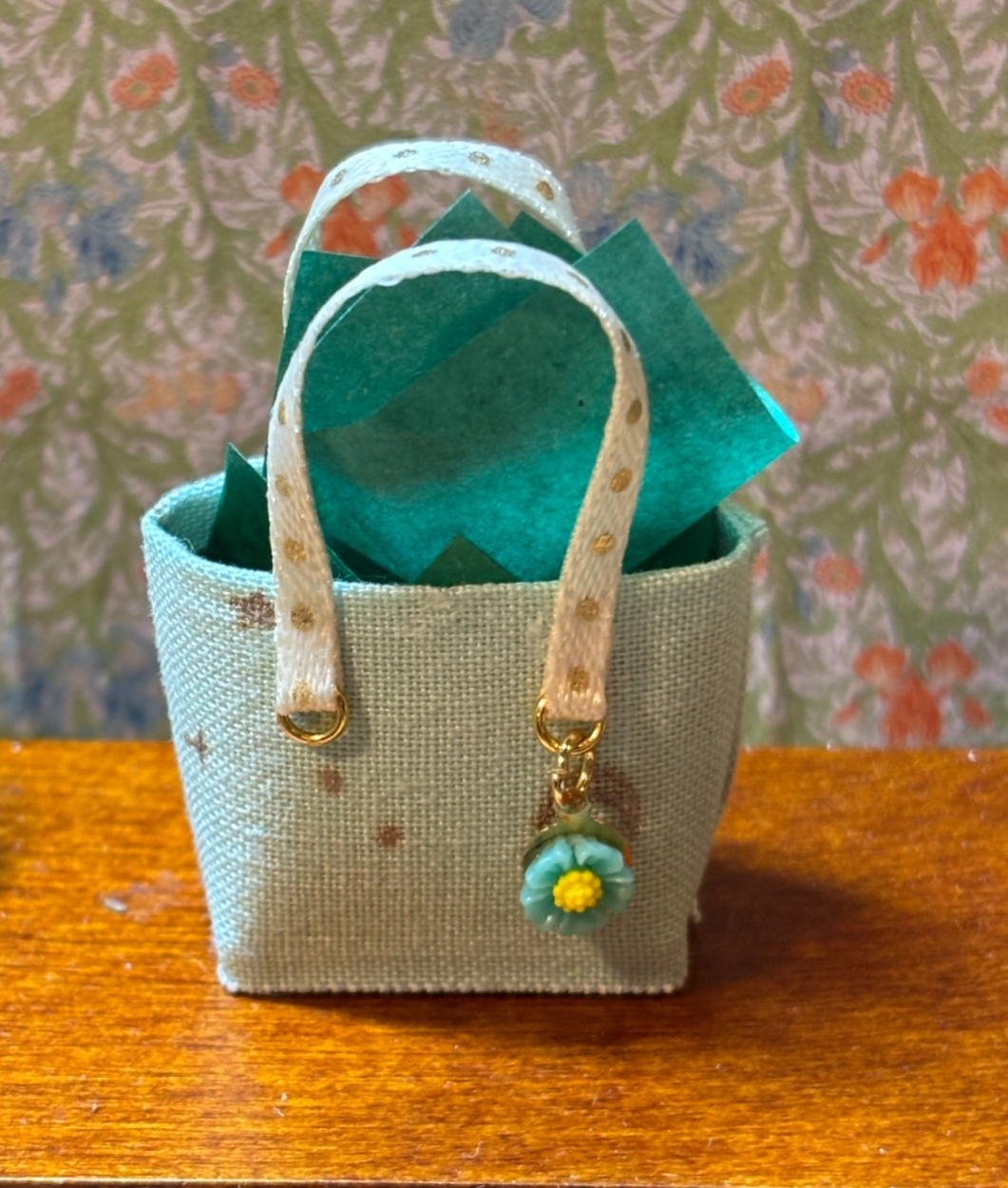 Dollhouse Miniature Sparkle Mint and Gold Tote Bag with Charm - Handcrafted