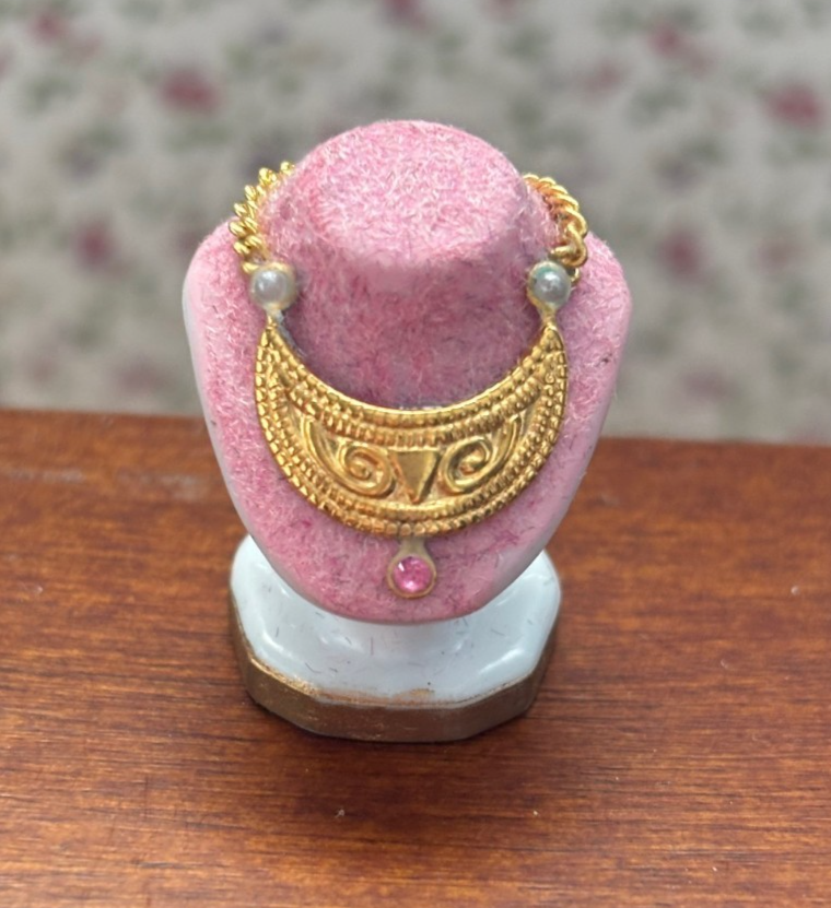 Dollhouse Miniature Jewelry Bust with Gold Necklace and Pink Gems