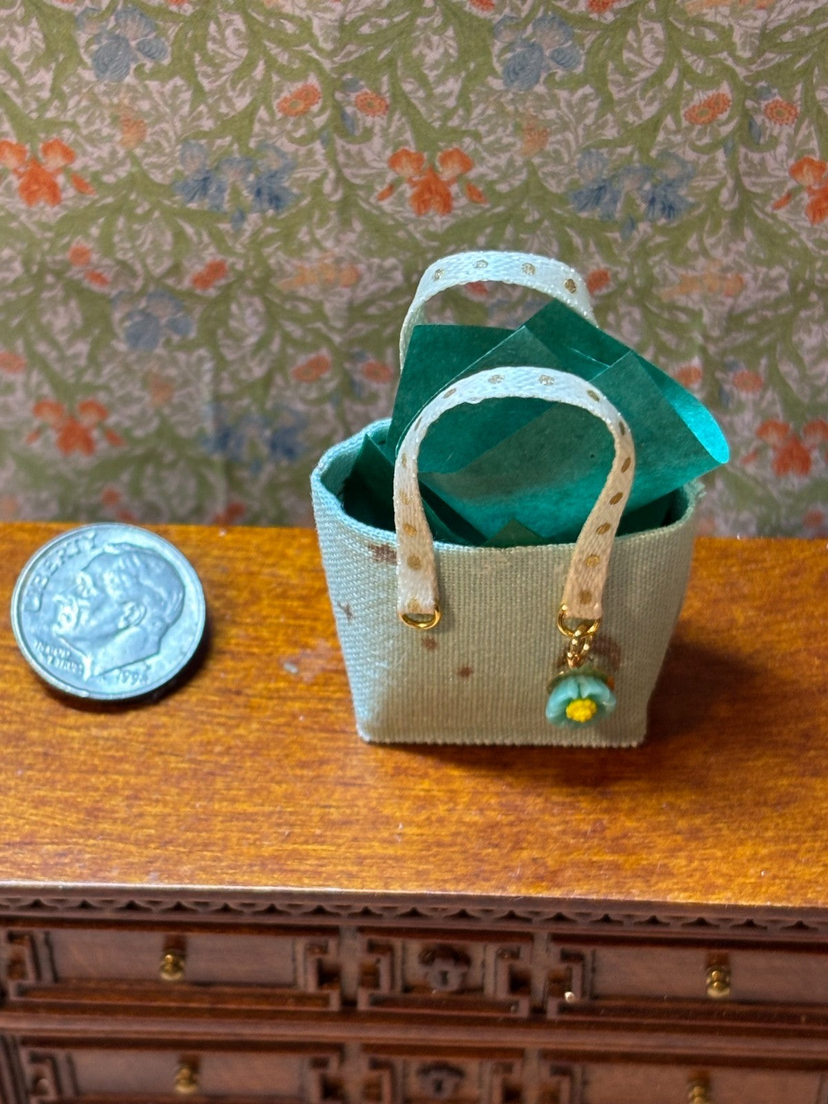 Dollhouse Miniature Sparkle Mint and Gold Tote Bag with Charm - Handcrafted