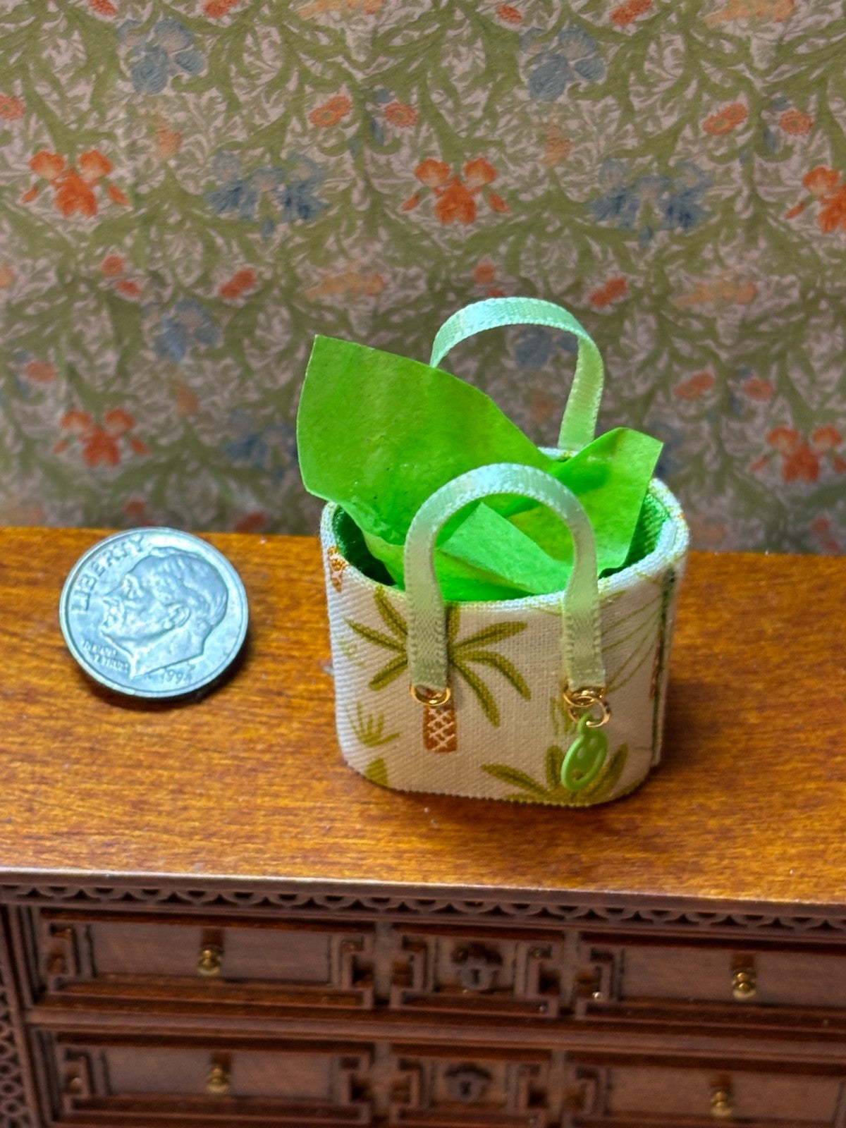 Dollhouse Miniature Tropical Palms Tote Bag with Charm - Handcrafted
