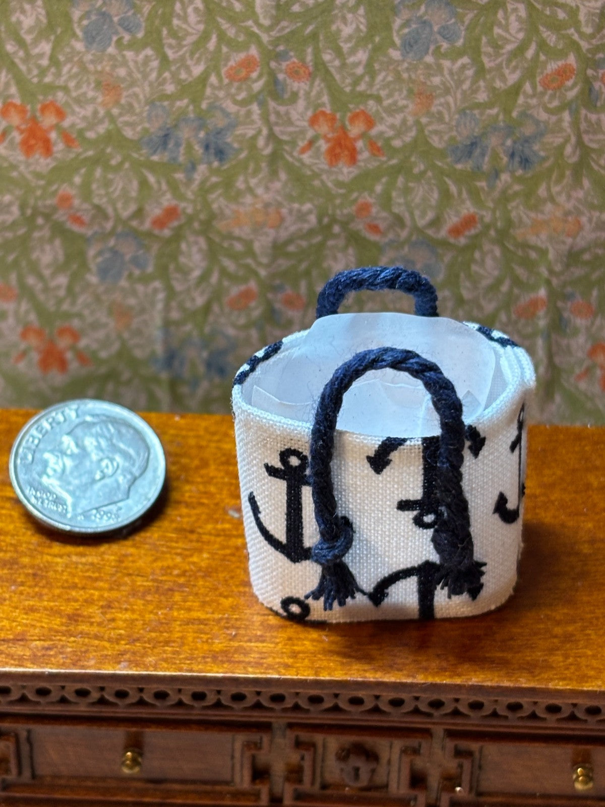 Dollhouse Miniature Anchors Away Tote Bag with Charm - Handcrafted
