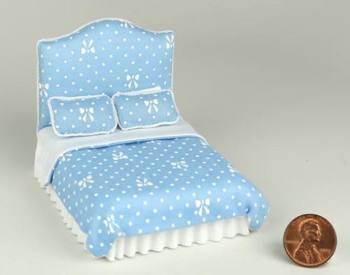 Dollhouse Miniature 1/2" Scale Bows N Blue Bed - Handcrafted