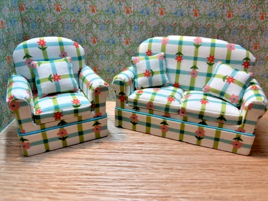 Dollhouse Miniature Daisy Garden Loveseat and Armchair Handcrafted