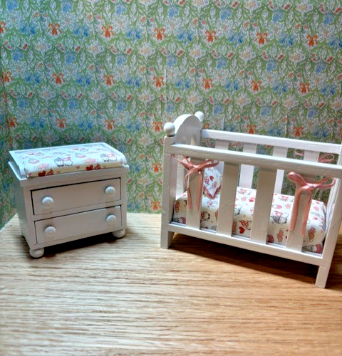Dollhouse Miniature Crib and Changing Table "Gnomes in White"