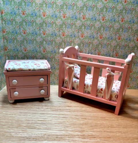 Dollhouse Miniature Crib and Changing Table "Gnomes in Pink"