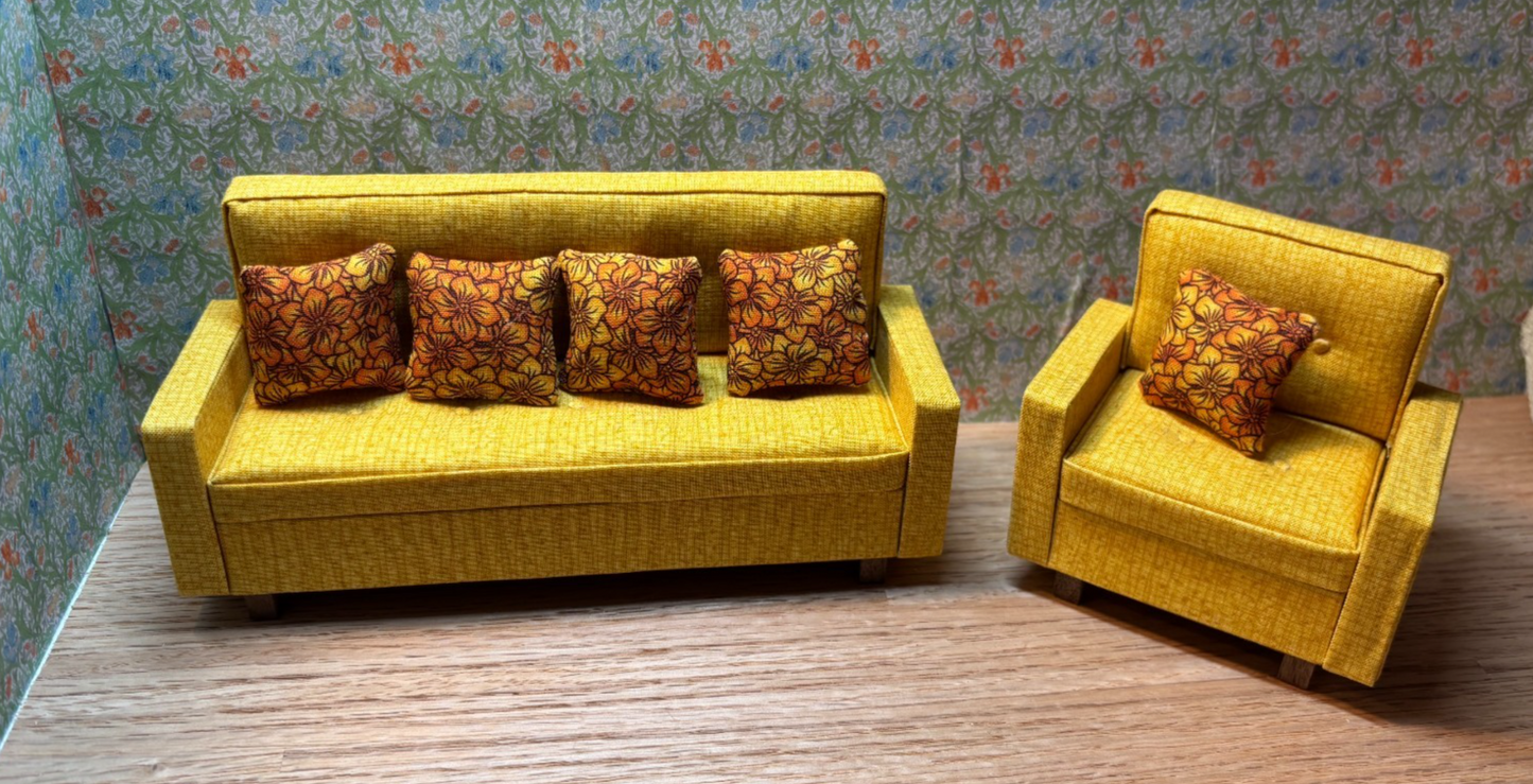 Dollhouse Miniature Mid-Century Modern Sofa and Armchair Handcrafted