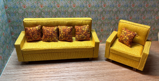 Dollhouse Miniature Mid-Century Modern Sofa and Armchair Handcrafted
