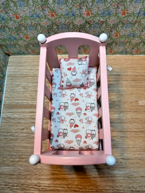 Dollhouse Miniature Crib and Changing Table "Gnomes in Pink"
