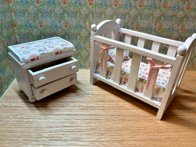 Dollhouse Miniature Crib and Changing Table "Gnomes in White"