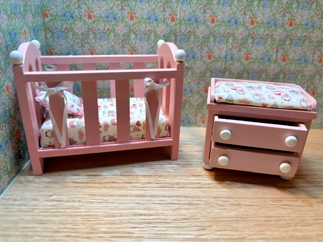 Dollhouse Miniature Crib and Changing Table "Gnomes in Pink"