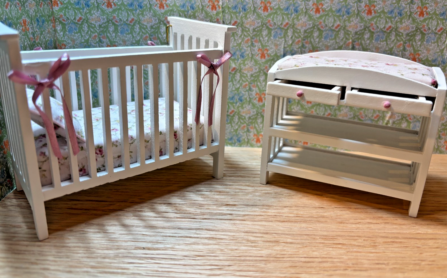 Dollhouse Miniature Crib and Changing Table "Rose Blooms on Pink"