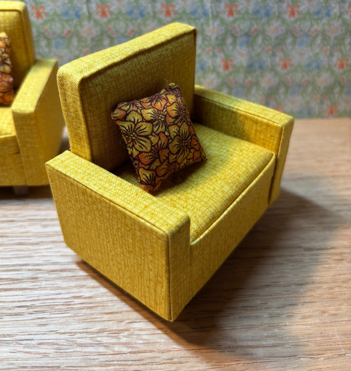 Dollhouse Miniature Mid-Century Modern Sofa and Armchair Handcrafted