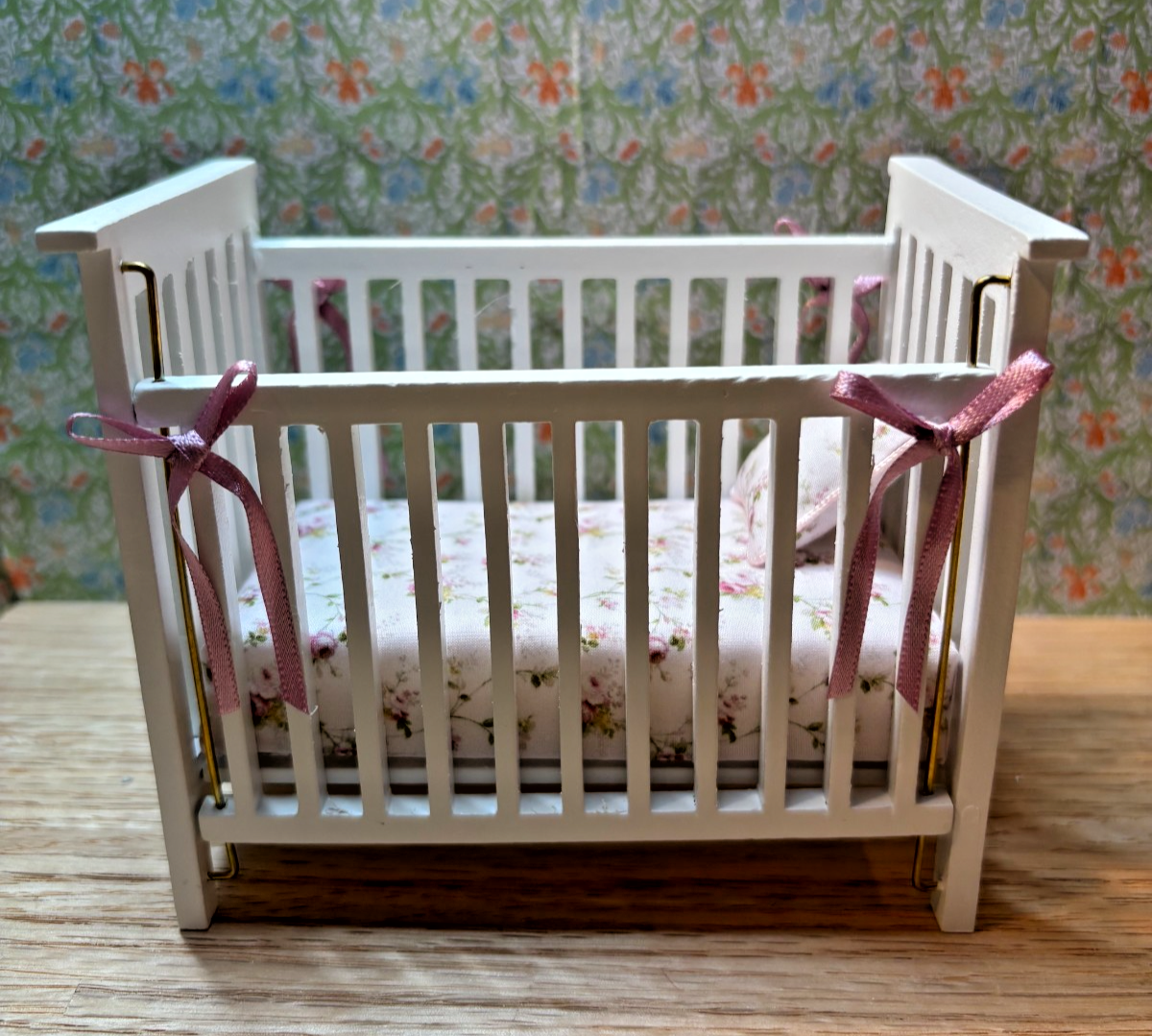 Dollhouse Miniature Crib and Changing Table "Rose Blooms on Pink"