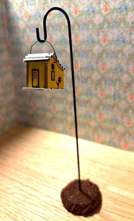 Dollhouse Miniature Yellow Birdfeeder House on Shepherd's Hook - Handcrafted
