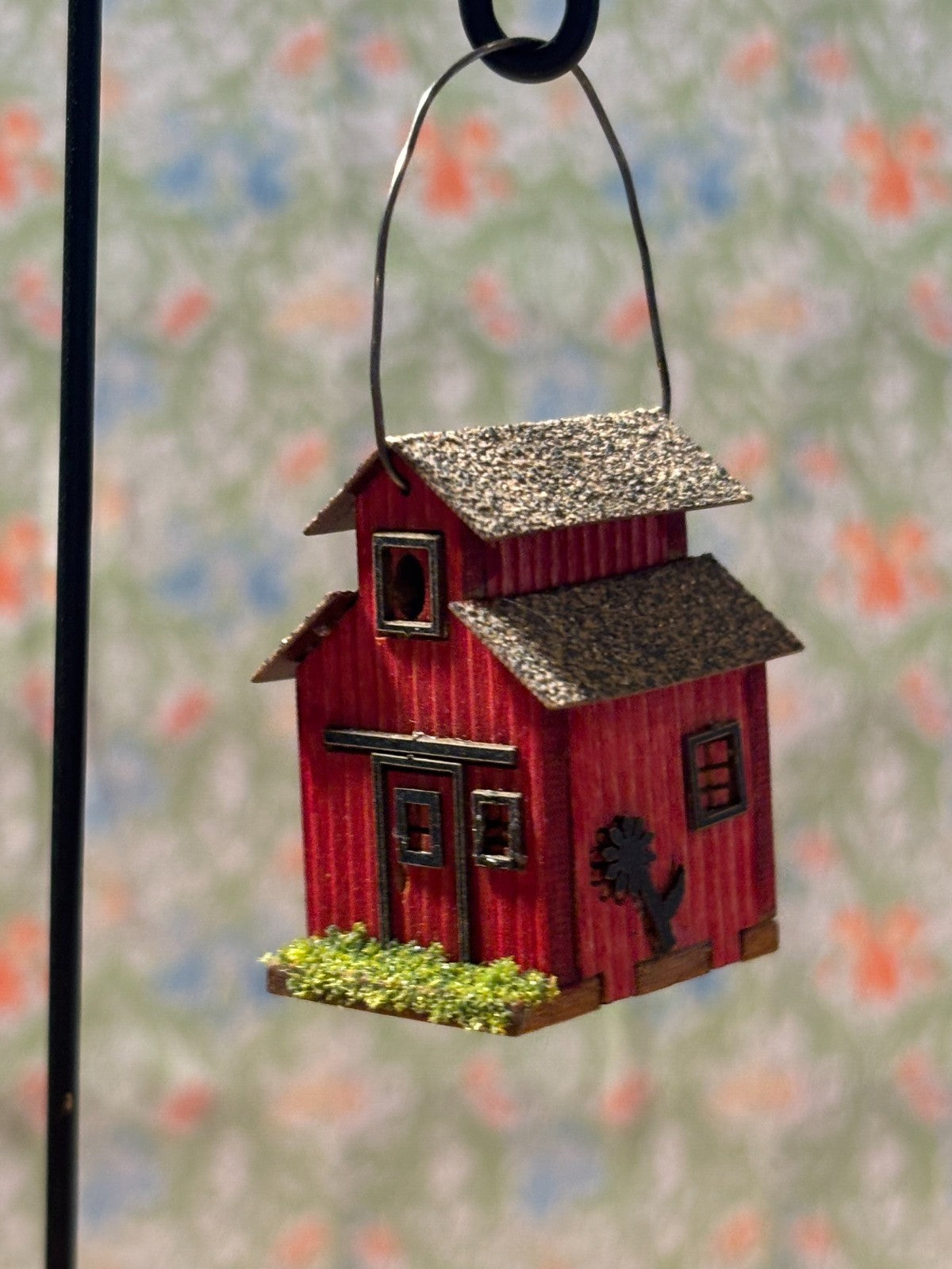 Dollhouse Miniature Red Birdfeeder House on Shepherd's Hook - Handcrafted