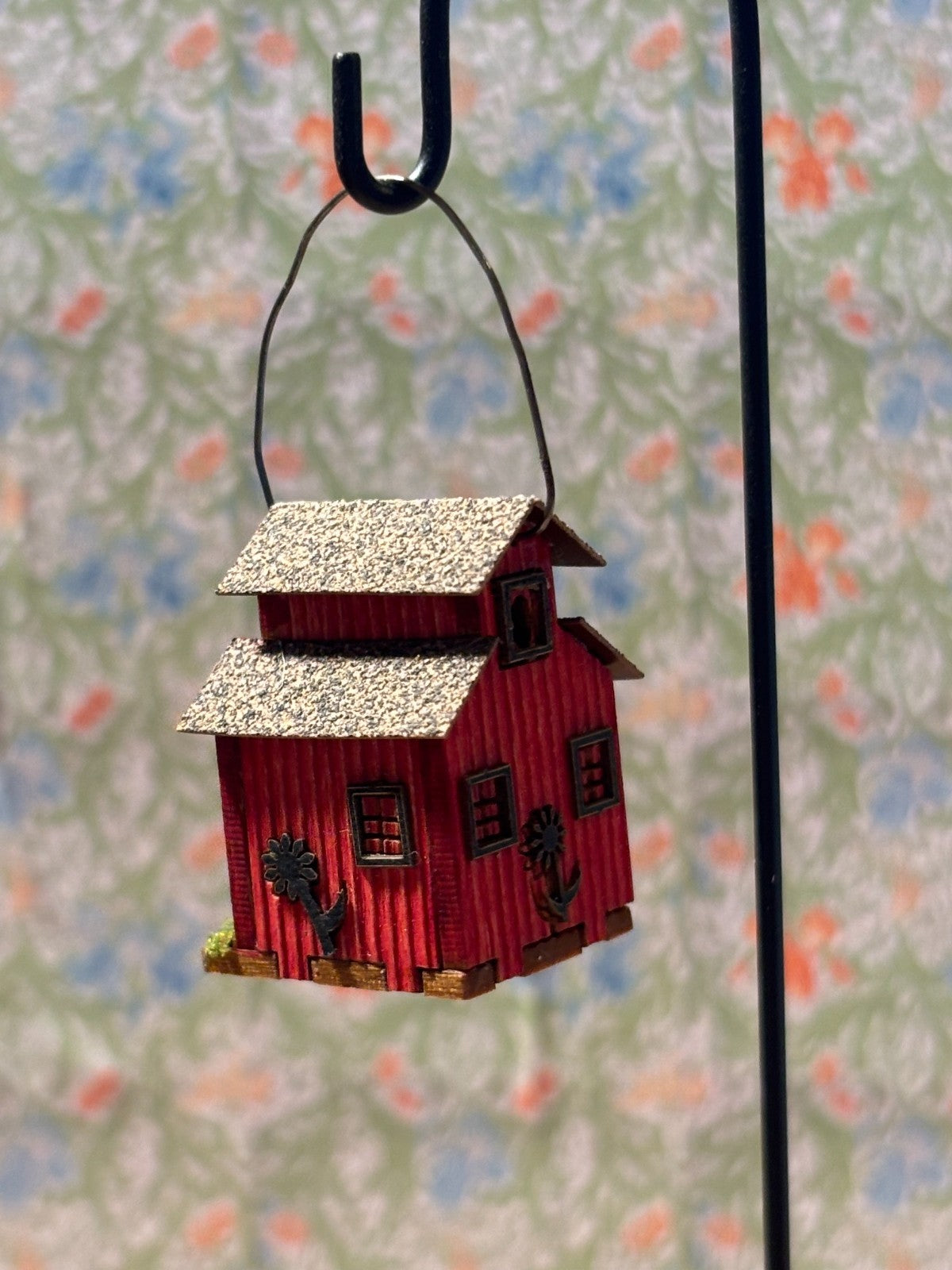 Dollhouse Miniature Red Birdfeeder House on Shepherd's Hook - Handcrafted