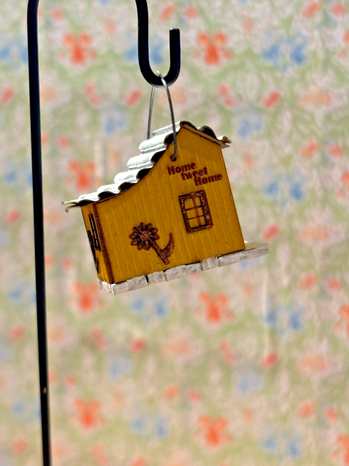 Dollhouse Miniature Yellow Birdfeeder House on Shepherd's Hook - Handcrafted