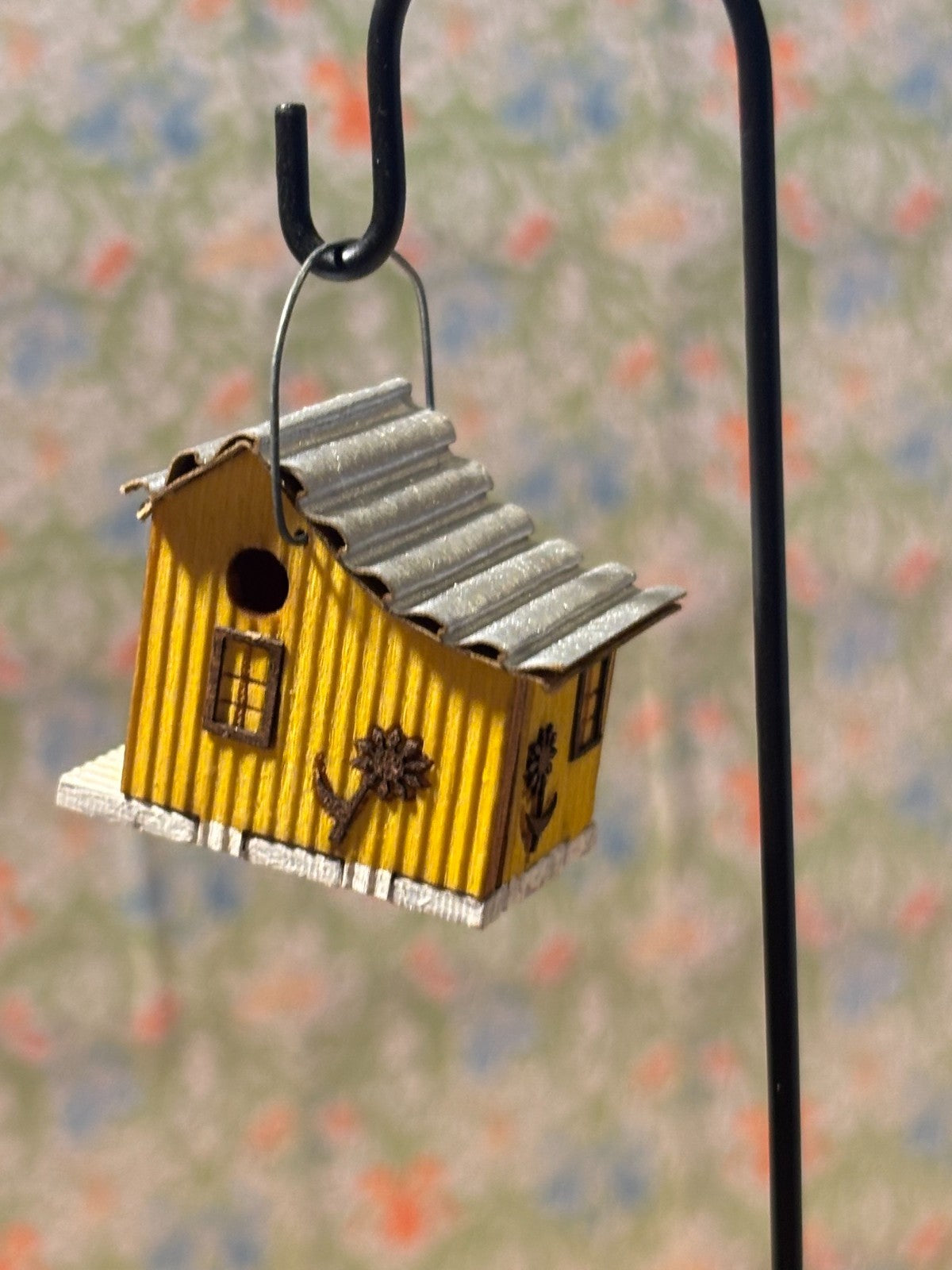 Dollhouse Miniature Yellow Birdfeeder House on Shepherd's Hook - Handcrafted