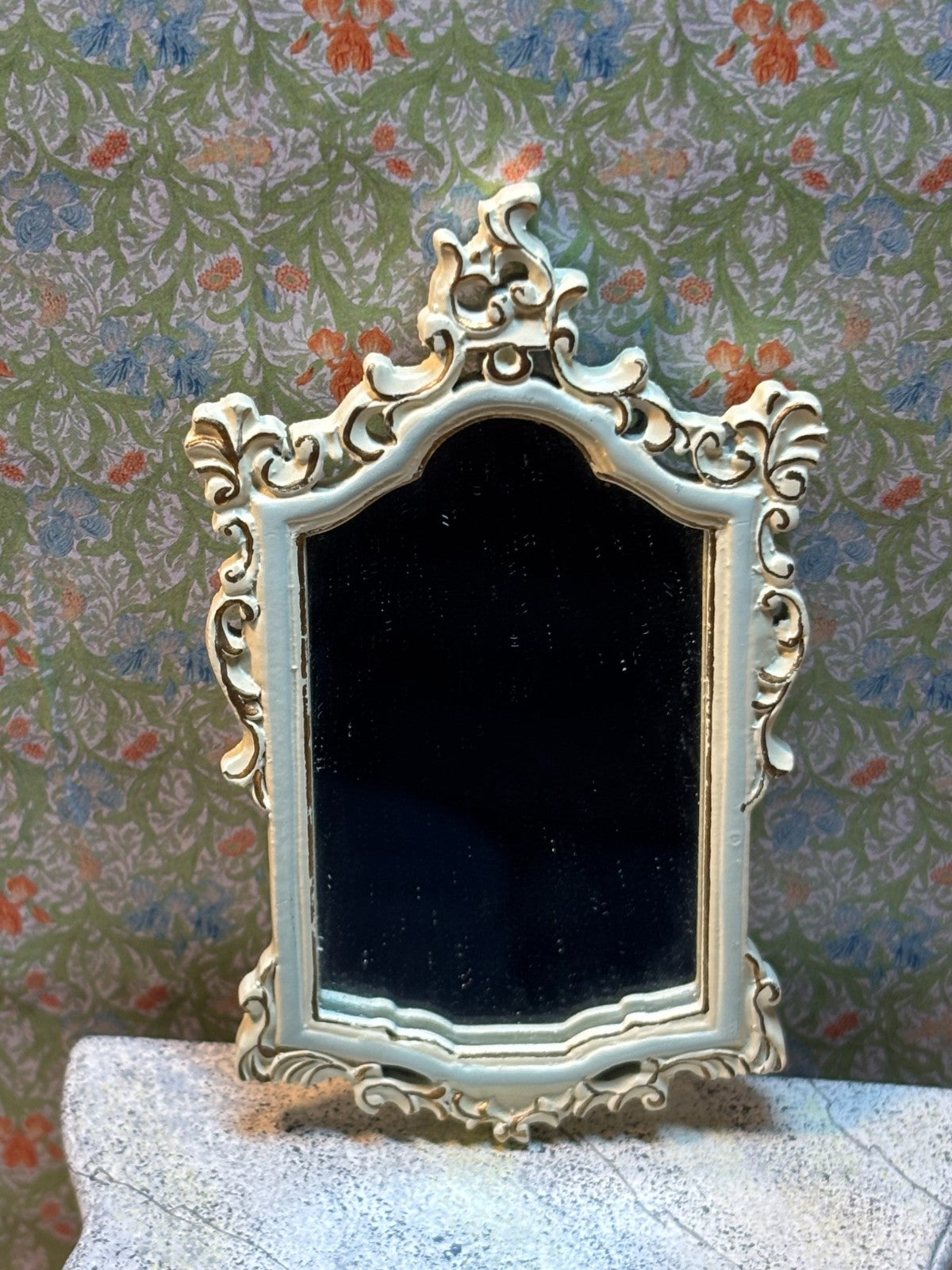 Dollhouse Miniature White/Blue Oriental Design Dresser and Mirror Set by Bespaq