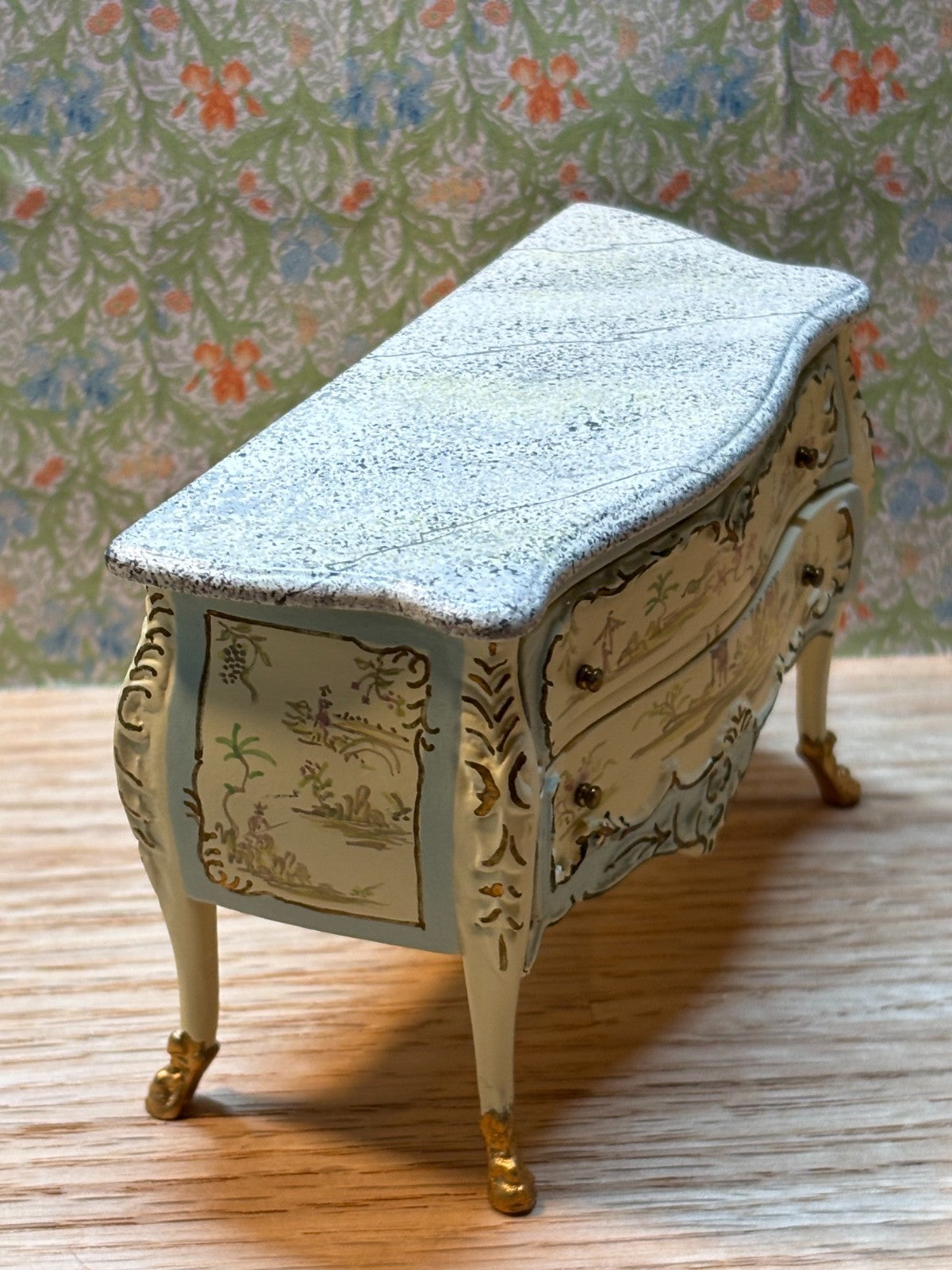 Dollhouse Miniature White/Blue Oriental Design Dresser and Mirror Set by Bespaq
