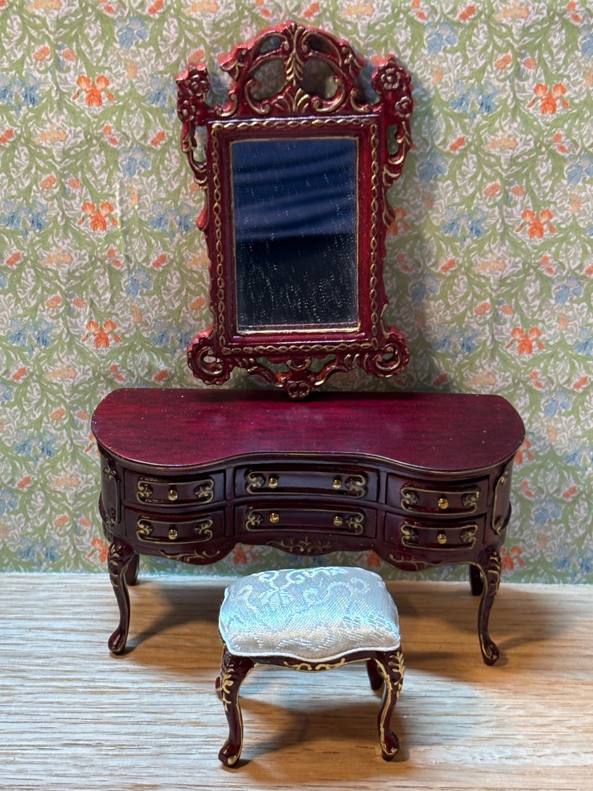 Dollhouse Miniature 3 Piece Mahogany and Gold Vanity, Stool, Mirror by Hansson
