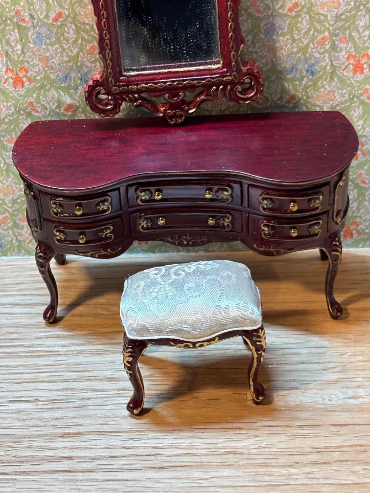Dollhouse Miniature 3 Piece Mahogany and Gold Vanity, Stool, Mirror by Hansson