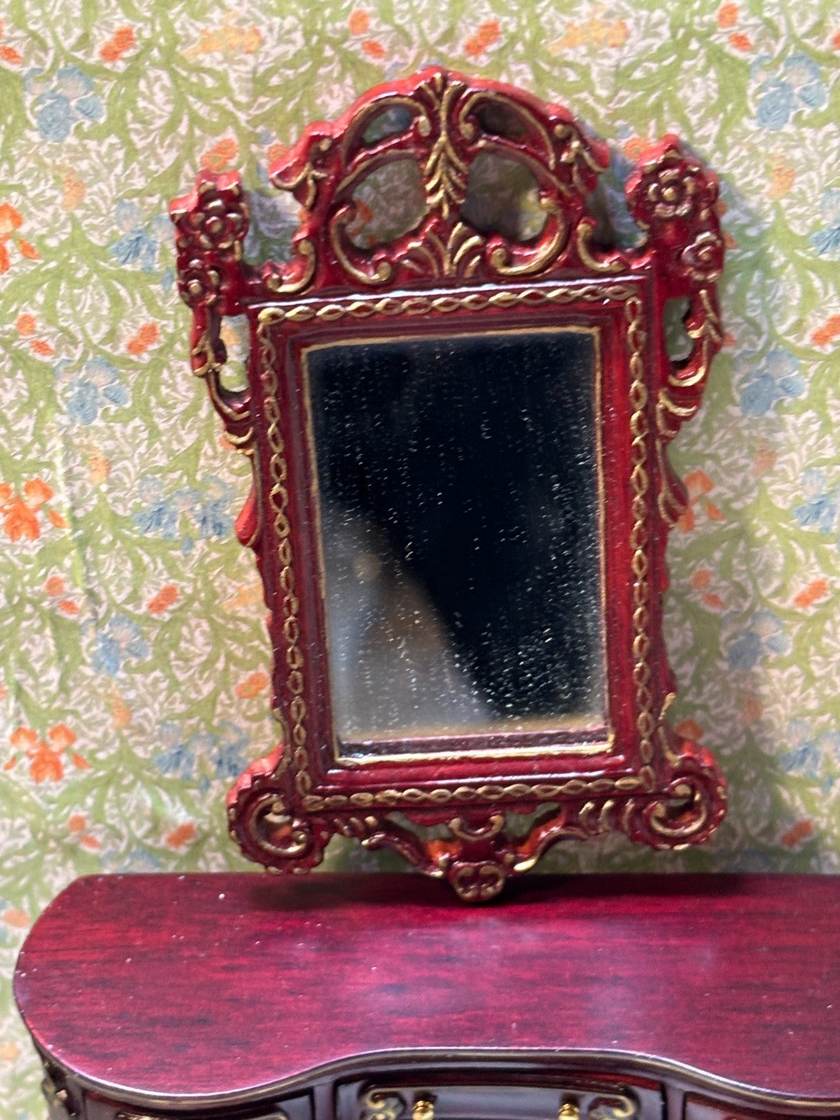 Dollhouse Miniature 3 Piece Mahogany and Gold Vanity, Stool, Mirror by Hansson