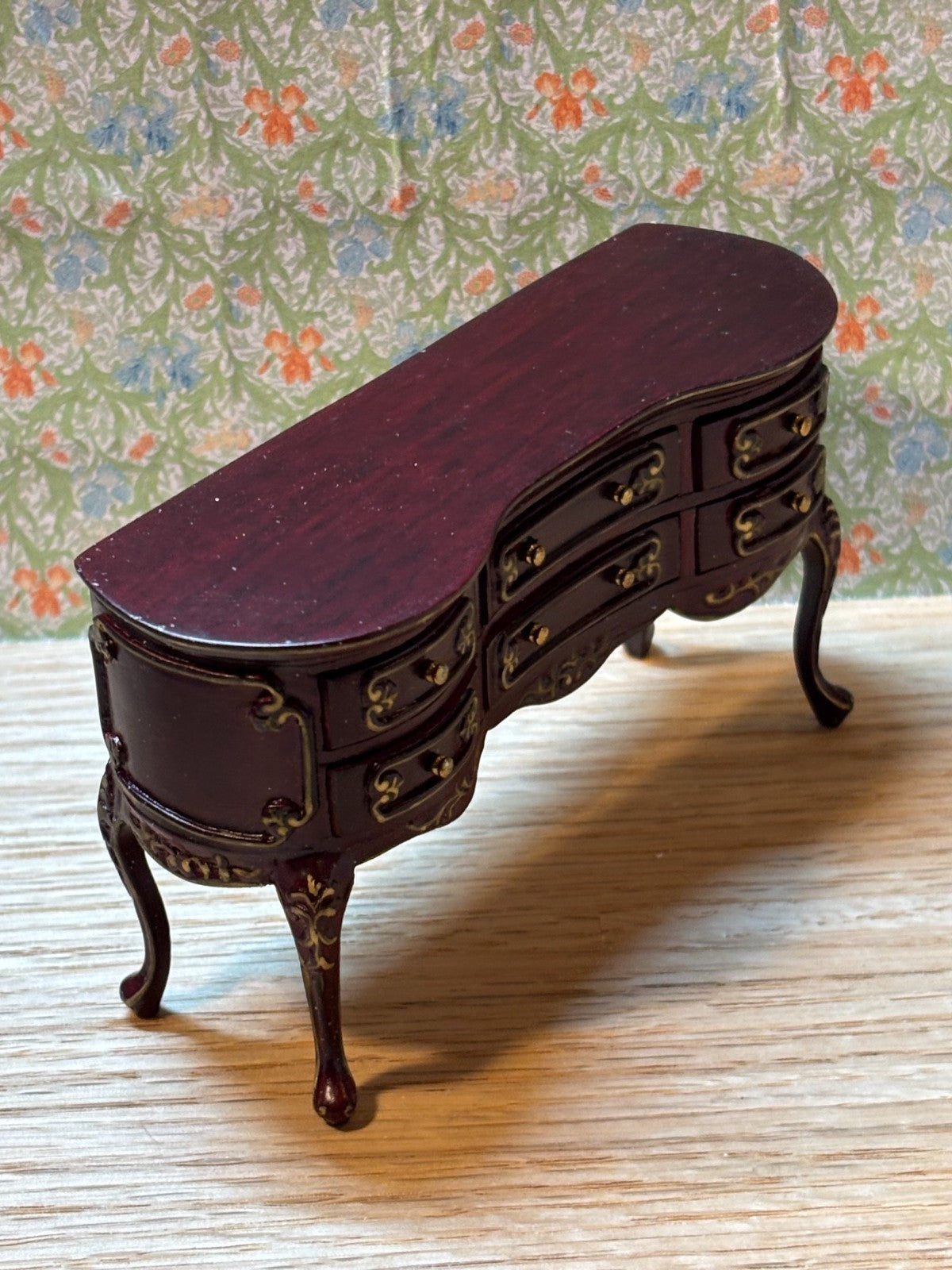 Dollhouse Miniature 3 Piece Mahogany and Gold Vanity, Stool, Mirror by Hansson