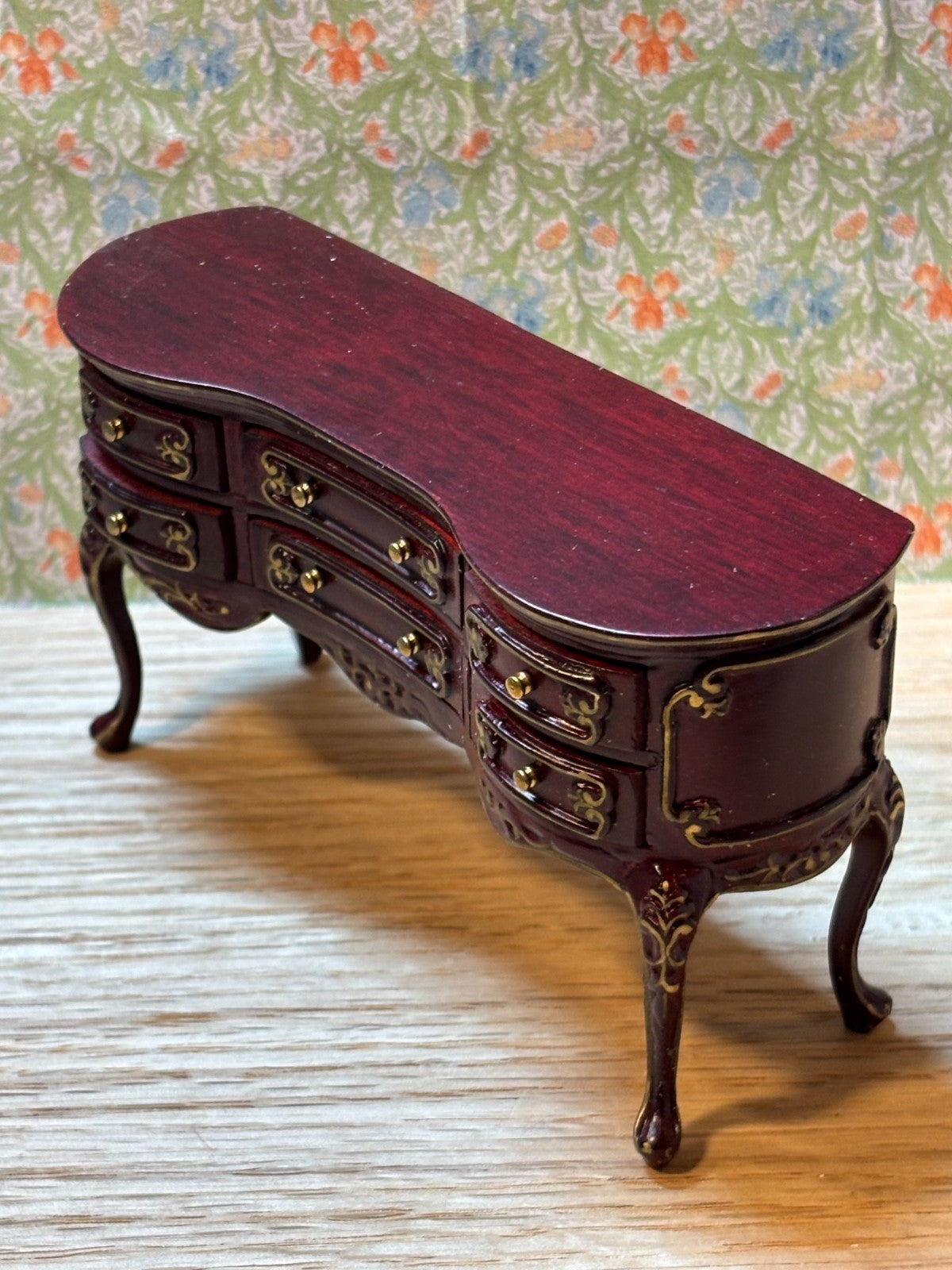 Dollhouse Miniature 3 Piece Mahogany and Gold Vanity, Stool, Mirror by Hansson